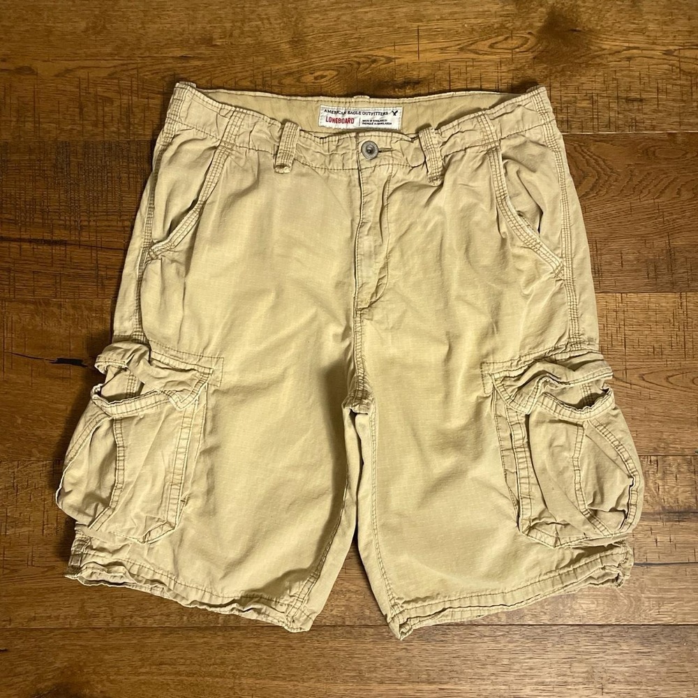 American Eagle Cargo Shorts Mens 33 Tan Preppy Vintage Longboard Ripstop Utility
